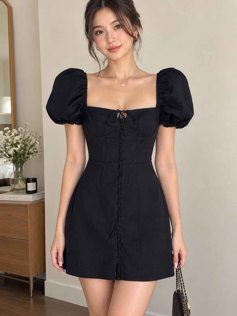 Black Puff Sleeve Mini Dress Like New